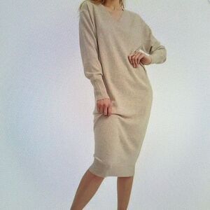 NAADAM 100% Cashmere Sweater Dress in Oatmeal V-Neck Size XS